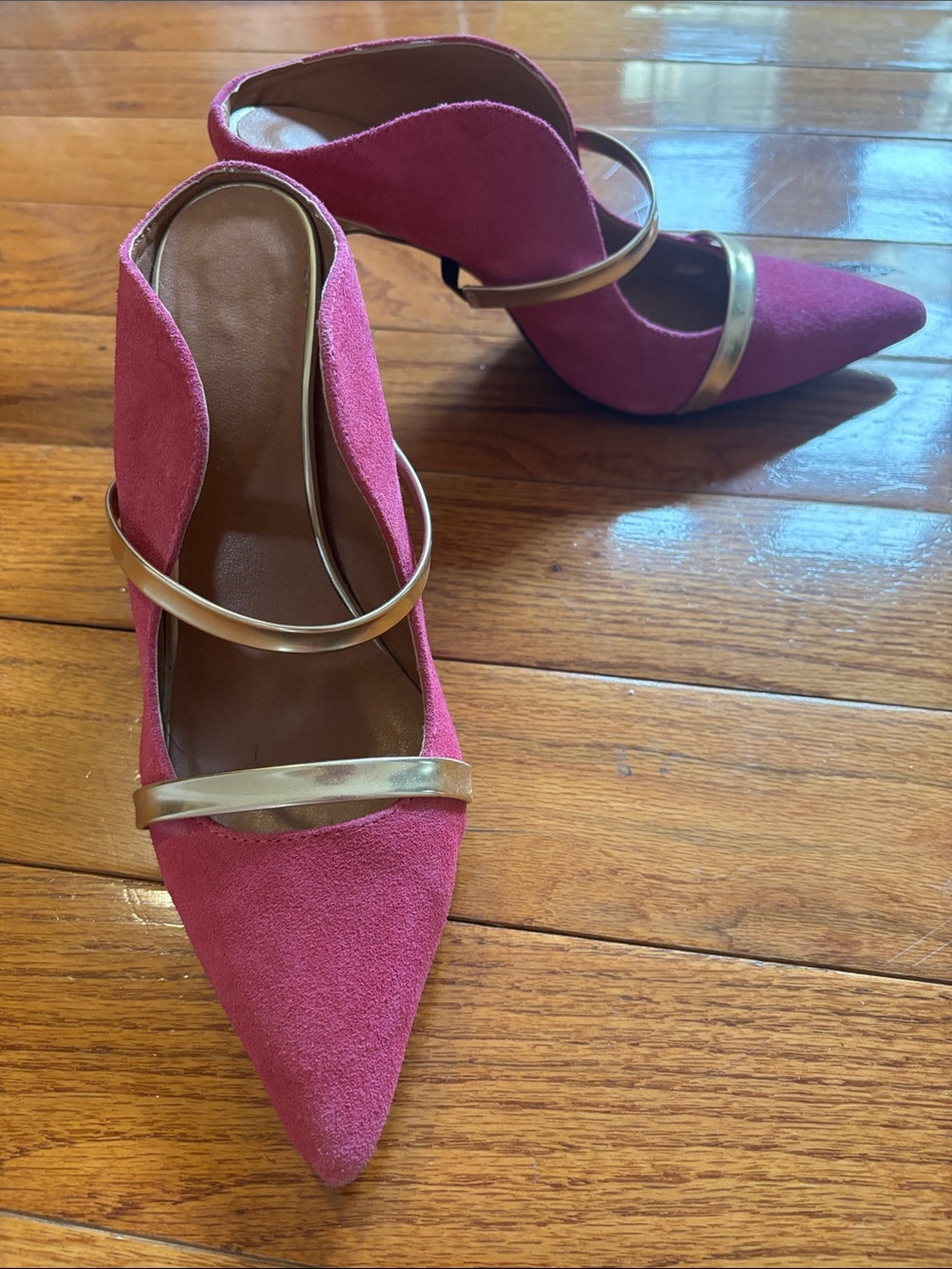 Boston Proper Pink Suede Pointed-Toe Heels with Gold Straps